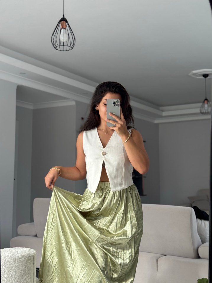 Şeffaf Dokulu Midi Boy Salaş Haki Etek - Görsel 2