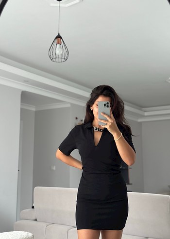 Derin V Yakalı Siyah Deri Mini Elbise - Görsel 5