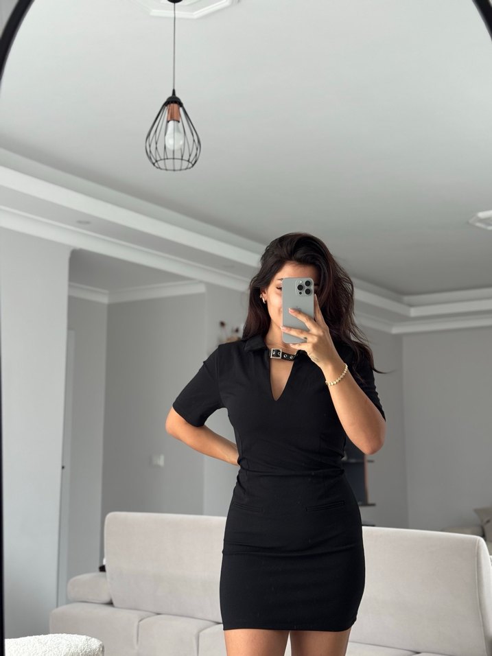 Derin V Yakalı Siyah Deri Mini Elbise - Görsel 5