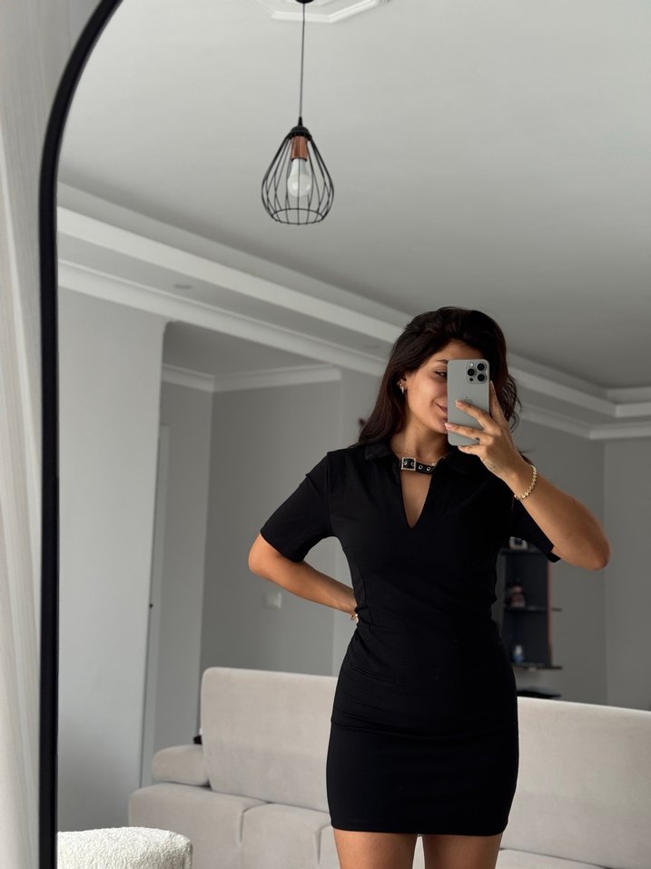 Derin V Yakalı Siyah Deri Mini Elbise - Görsel 2