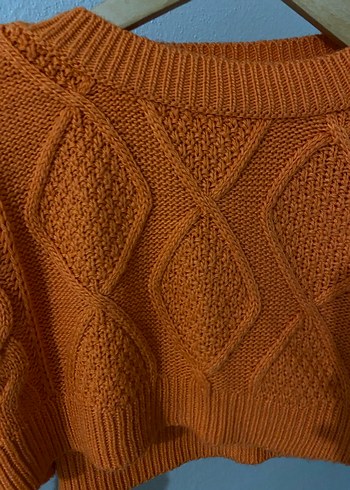 Turuncu Örgü Ekstra Crop Kazak - Görsel 3