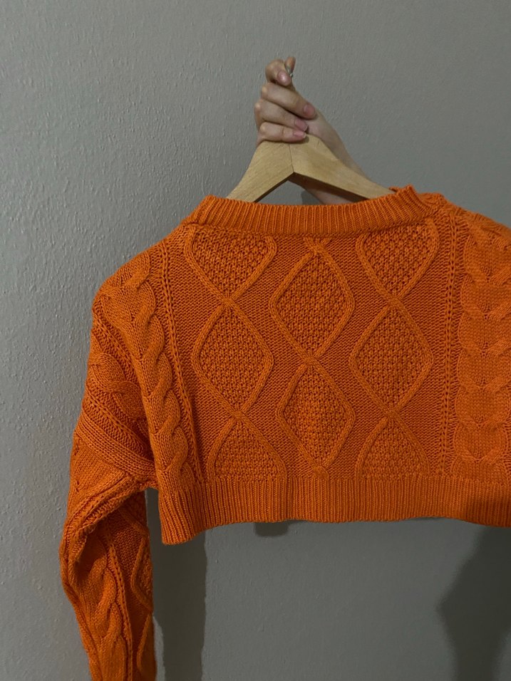 Turuncu Örgü Ekstra Crop Kazak - Görsel 2