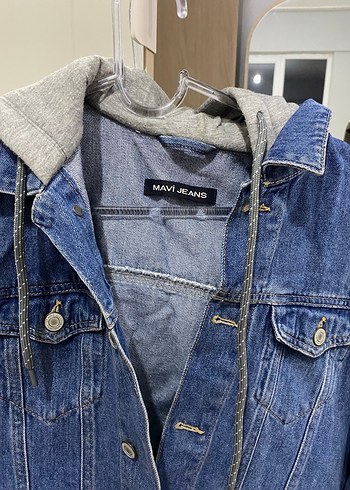 Gri Kapüşonlu Mavi Denim Ceket - Görsel 3