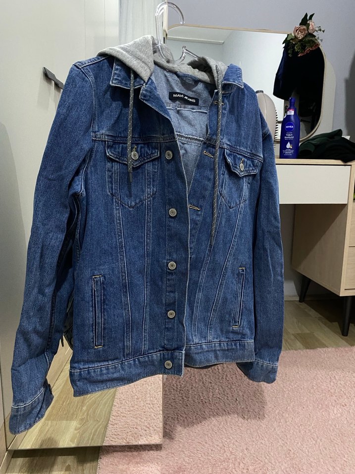 Gri Kapüşonlu Mavi Denim Ceket - Görsel 2