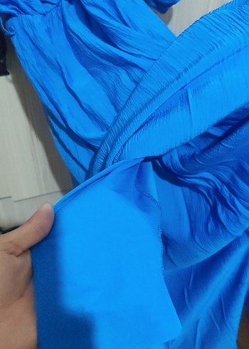 Mavi V Yakalı Uzun Salaş Kadın Elbise - Görsel 5