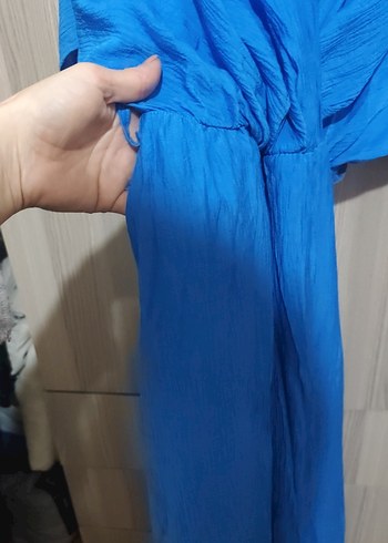 Mavi V Yakalı Uzun Salaş Kadın Elbise - Görsel 3