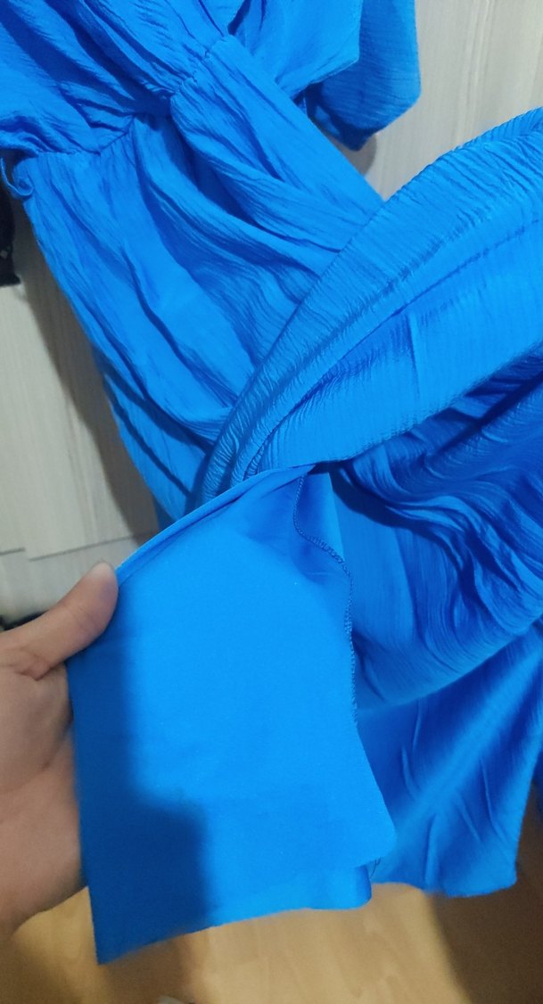 Mavi V Yakalı Uzun Salaş Kadın Elbise - Görsel 5