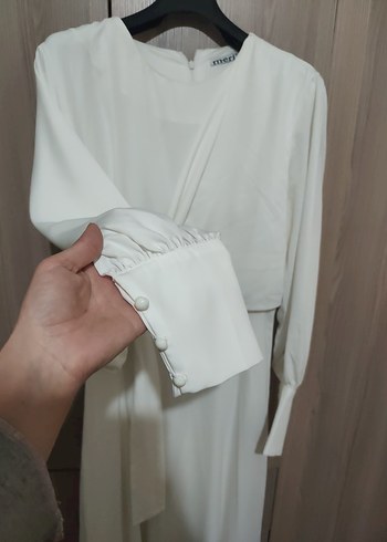 Beyaz Uzun Kollu V Yakalı Kadın Elbise - Görsel 5