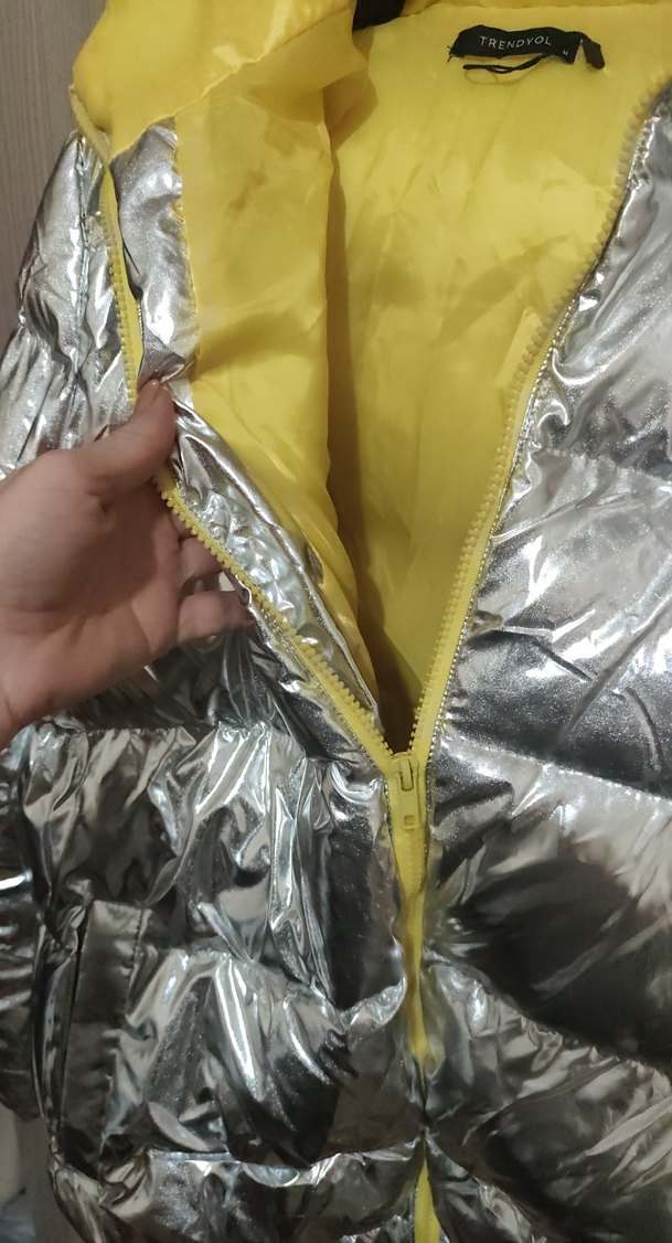 Sokak Stili Gri Metalik Kapüşonlu Kadın Mont - Görsel 2