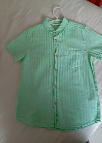 Erkek Çocuk Keten Yeşil Kısa Kollu Gömlek - Görsel 2