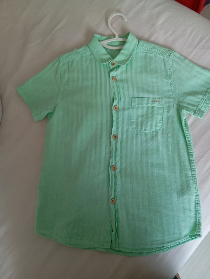 Erkek Çocuk Keten Yeşil Kısa Kollu Gömlek - Görsel 2