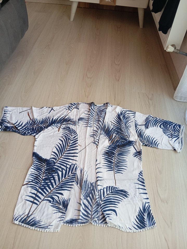 Beyaz Desenli Bohem Kadın Kimono - Görsel 2