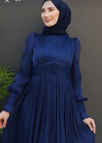 Diğer Düğmeli İpek Lacivert Abiye Elbise