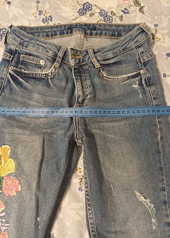 Nakışlı Bohem Mavi Kadın Kot Pantolon - Görsel 2