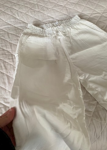 Beyaz Pilili Kadın Keten Pantolon - Görsel 3