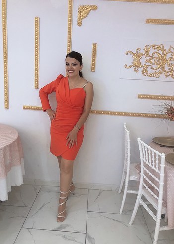 l Beden turuncu Renk Turuncu V Yaka Drapeli Midi Elbise
