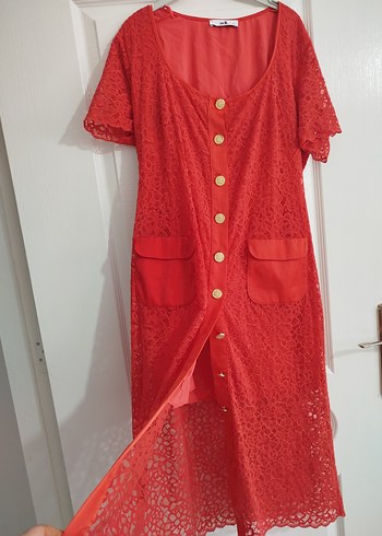 xxl Beden Düğmeli Kısa Kollu Kırmızı Vintage Elbise