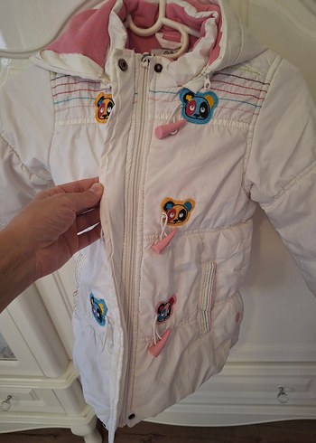 Kapüşonlu Beyaz Kız Çocuk Düğmeli Mont - Görsel 5