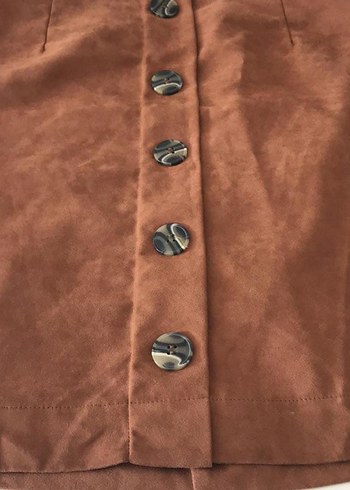 Düğmeli Kahverengi Süet Midi Etek - Görsel 4