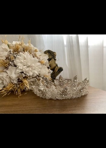 Payetli Bohem Gelin Tacı Beyaz Gri - Görsel 3