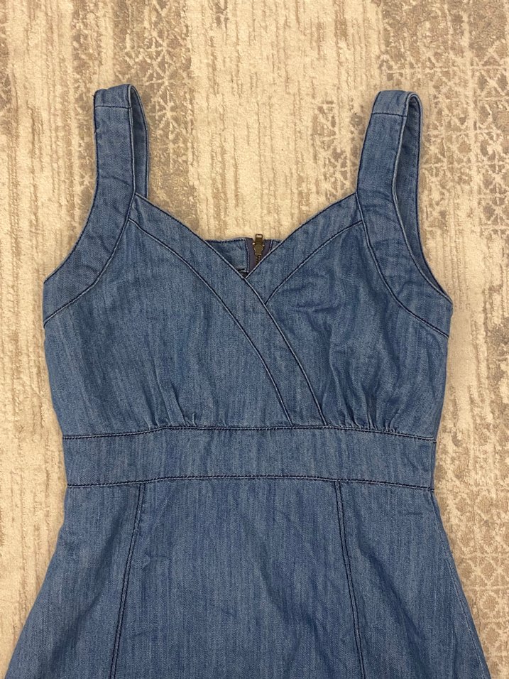 V Yaka Kolsuz Denim Midi Elbise - Görsel 2