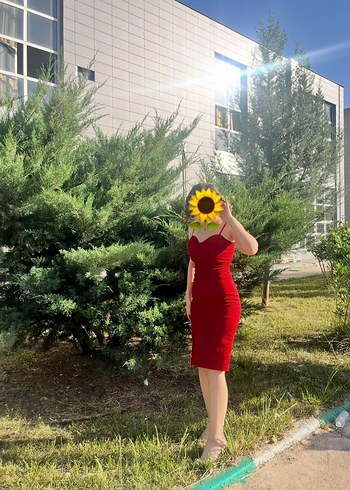 Kırmızı V Yaka Midi Dar Abiye Elbise - Görsel 2