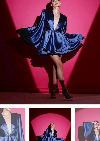 Zara Gira official Saten Parlak Mavi Drapeli Mini Elbise