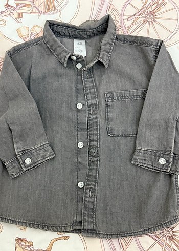 9-12 Ay Beden Erkek Çocuk Gri Denim Uzun Kollu Gömlek