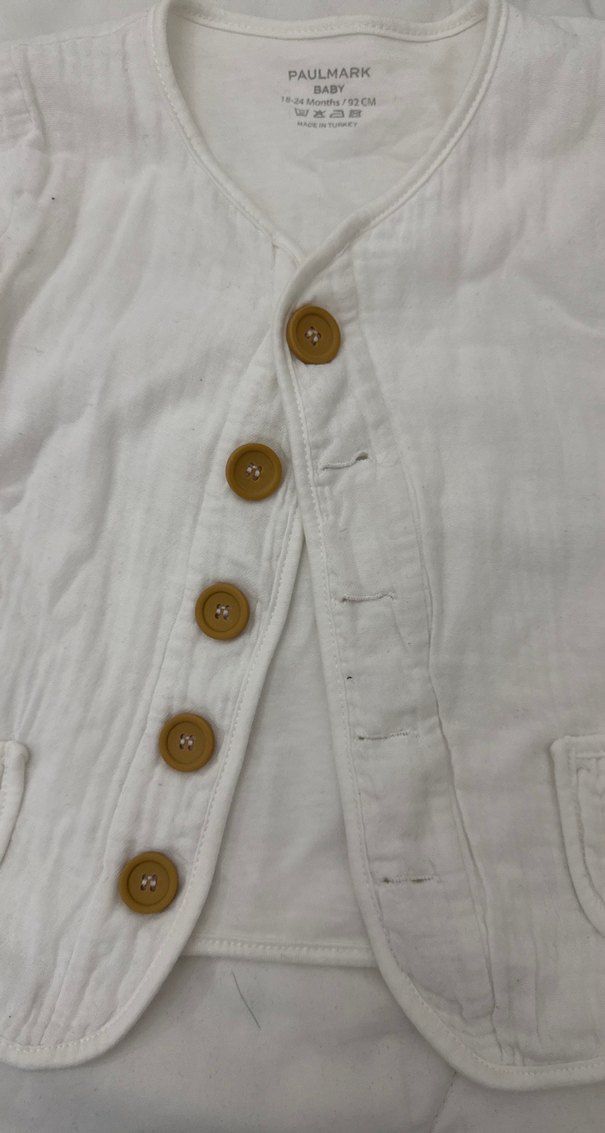 Beyaz Keten Bebek Hırka, Uzun Kollu, Düğmeli - Görsel 2