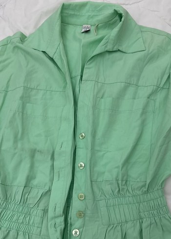 Düğmeli Kısa Kollu Yeşil Keten Tulum - Görsel 2