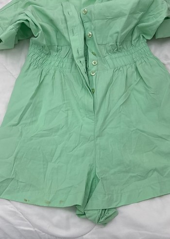 Düğmeli Kısa Kollu Yeşil Keten Tulum - Görsel 4