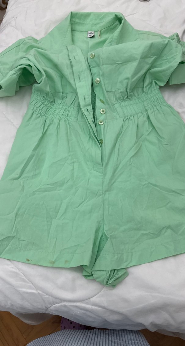 Düğmeli Kısa Kollu Yeşil Keten Tulum - Görsel 4