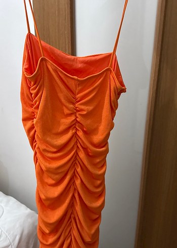 Turuncu Drapeli Askılı Triko Elbise - Görsel 3