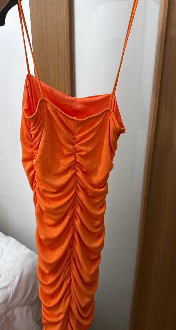 Turuncu Drapeli Askılı Triko Elbise - Görsel 3