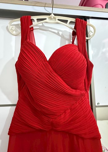 Kırmızı Pilili V Yaka Uzun Abiye Elbise - Görsel 7