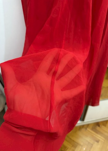 Kırmızı Pilili V Yaka Uzun Abiye Elbise - Görsel 6