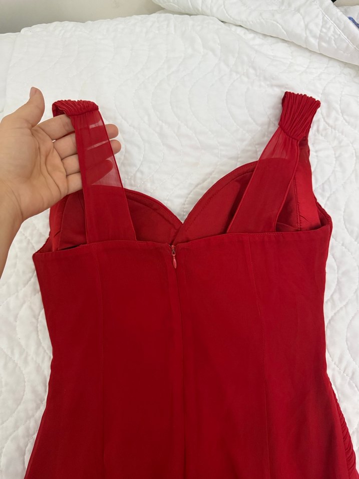 Kırmızı Pilili V Yaka Uzun Abiye Elbise - Görsel 2