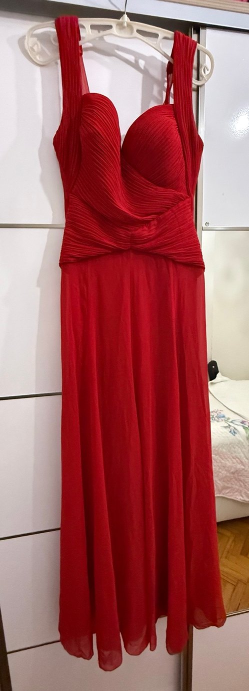 Kırmızı Pilili V Yaka Uzun Abiye Elbise - Görsel 3