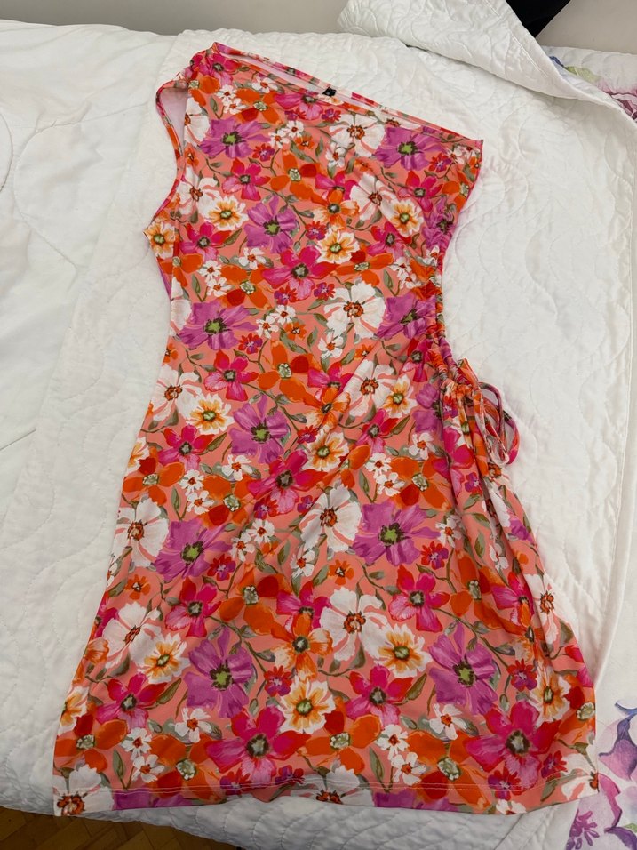 Pembe Çiçekli Straplez Mini Elbise - Görsel 2