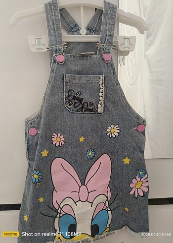 Mavi Denim Kız Elbisesi, Düğmeli, Çiçek Desenli