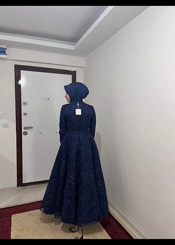 Parlak Lacivert Uzun Kollu Abiye Elbise - Görsel 3