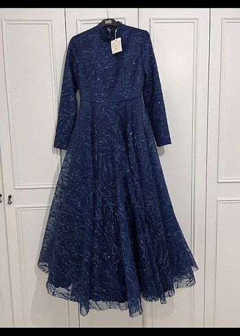 Parlak Lacivert Uzun Kollu Abiye Elbise - Görsel 2