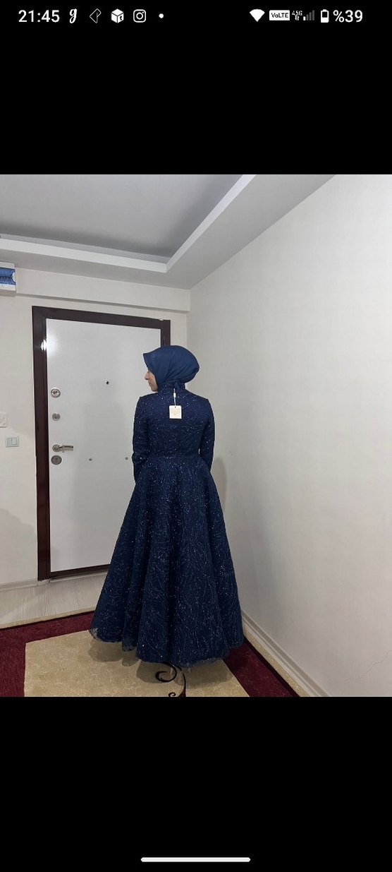 Parlak Lacivert Uzun Kollu Abiye Elbise - Görsel 3