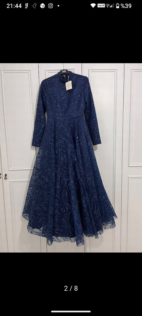 Parlak Lacivert Uzun Kollu Abiye Elbise - Görsel 2