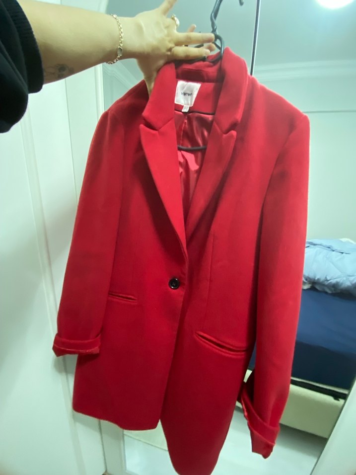 Düğmeli Kırmızı Midi Kadın Kaban - Görsel 3