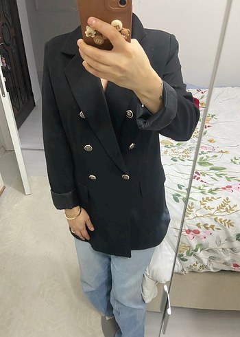 Siyah Kadın Süet Düğmeli Midi Blazer - Görsel 2