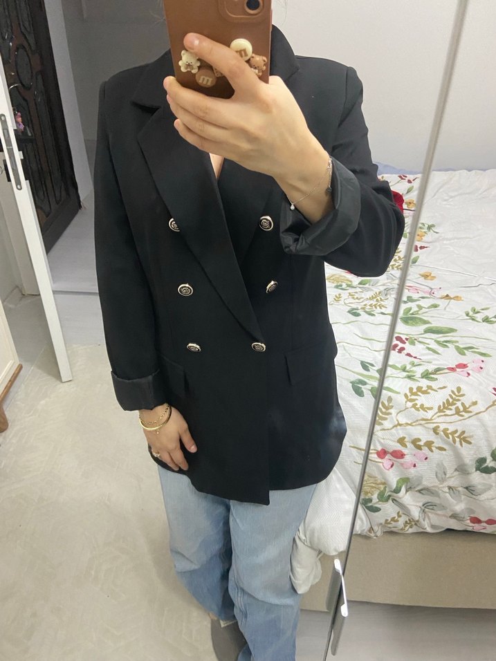 Siyah Kadın Süet Düğmeli Midi Blazer - Görsel 2