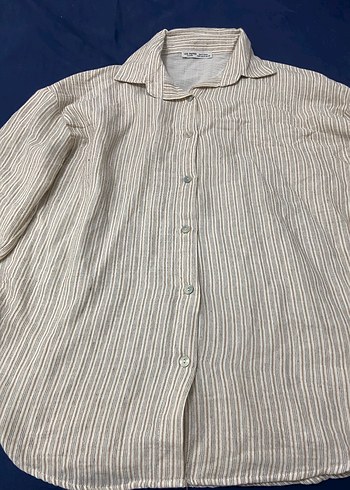 Bej Keten Kadın Gömlek Uzun Kollu - Görsel 4