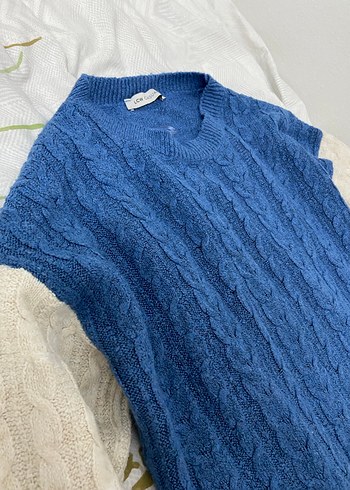 Kadın Mavi Örgü Kolsuz Triko Kazak - Görsel 4