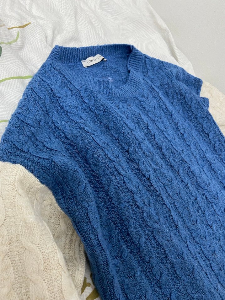 Kadın Mavi Örgü Kolsuz Triko Kazak - Görsel 4